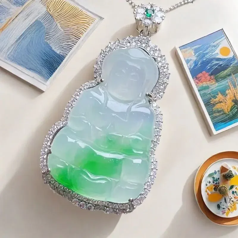 

Jadeite natural high ice floating green inlaid Guanyin pendant, moist and transparent, exquisite three-dimensional