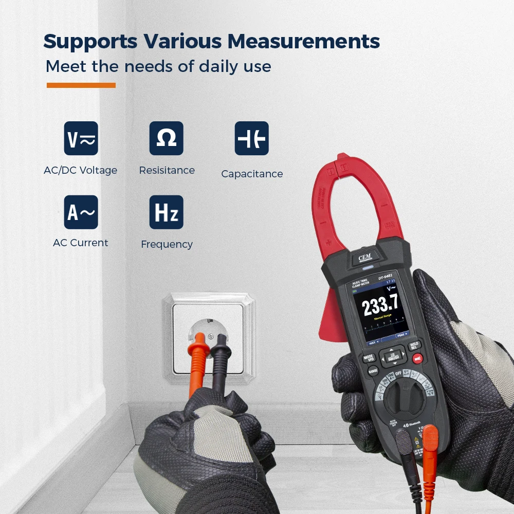 Multímetro de abrazadera Digital Bluetooth CEM valores eficaces verdaderos 6000 recuentos voltímetro probador amperios voltímetro 3000A 60MΩ con linterna