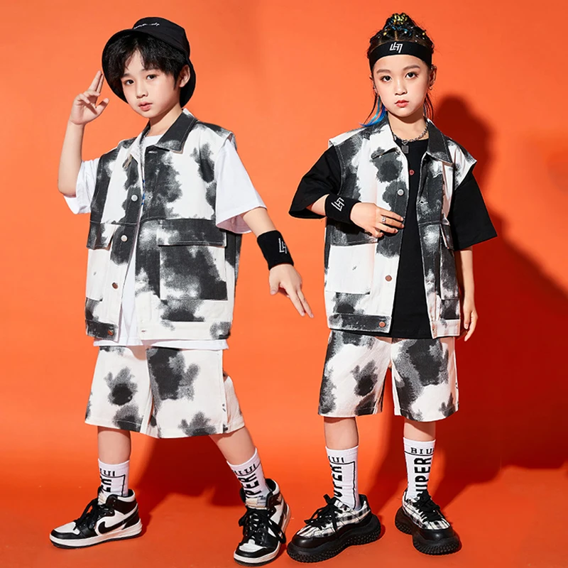 Kids Modern Dance Clothes Hip Hop Costume Boy Tie-Dyed Vest Short Sleeved Jazz Performance Wear Girls Concert Kpop Outfit BL8743