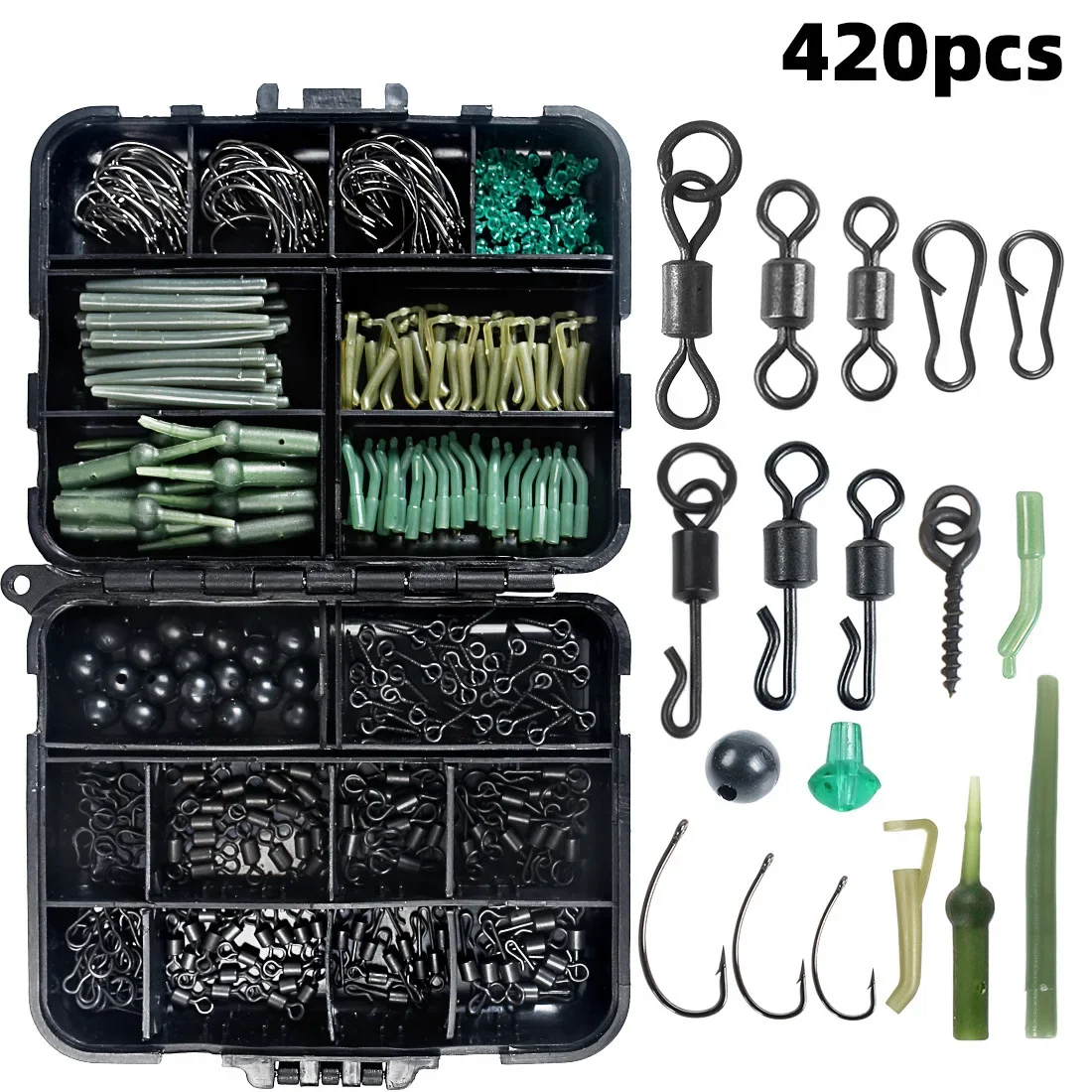 420Pcs/Box Carp Fishing Tackle Kit Including Boilie Bait Screw Accessories Swivels Hooks Anti Tangle Sleeves Hook Stop Beads