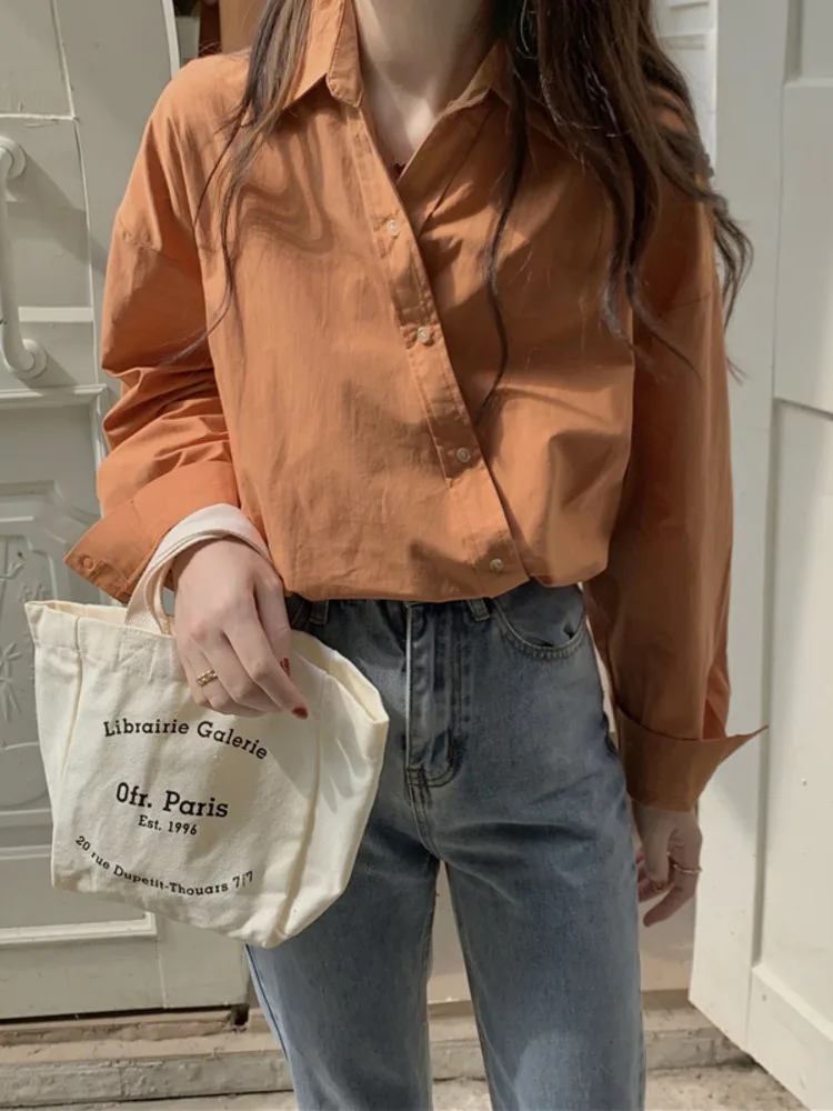 

Spring Korean Style Casual Long-sleeve Shirt Women Slant Single Breasted Loose Chic Blouses Turn-down Collar Loose Oversize Tops