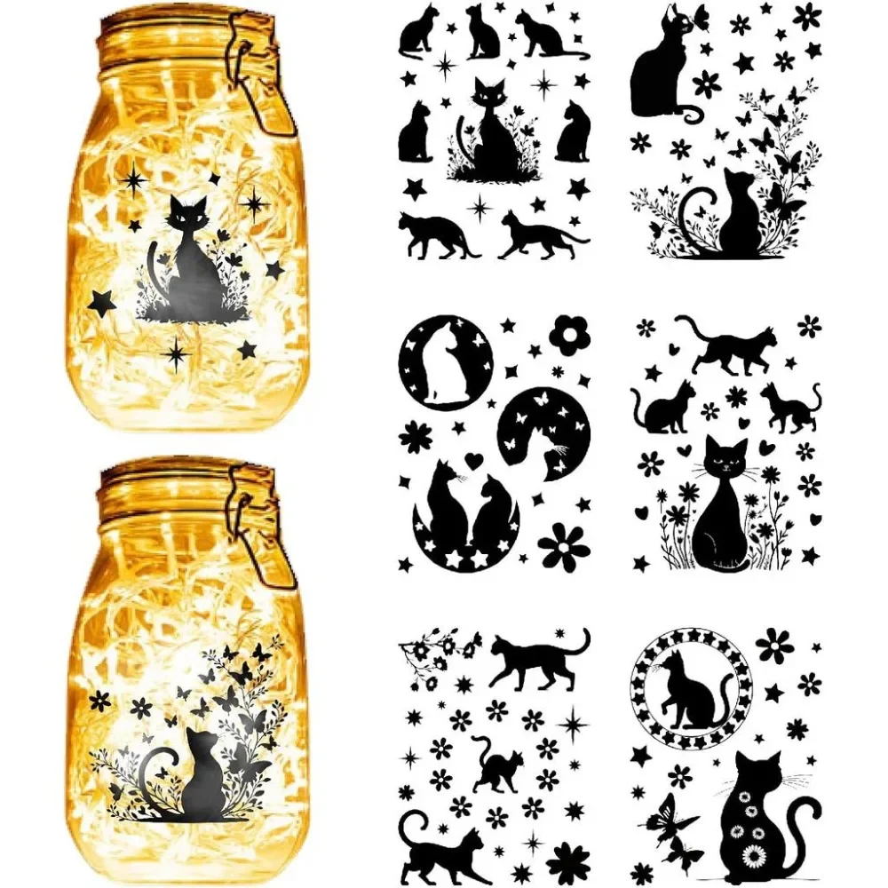 12 Pcs Cat Mason Jar Silhouettes Cutout Decals Decor Ornaments Stickers Birthday Decoration Scrapbooking Cutouts Decals