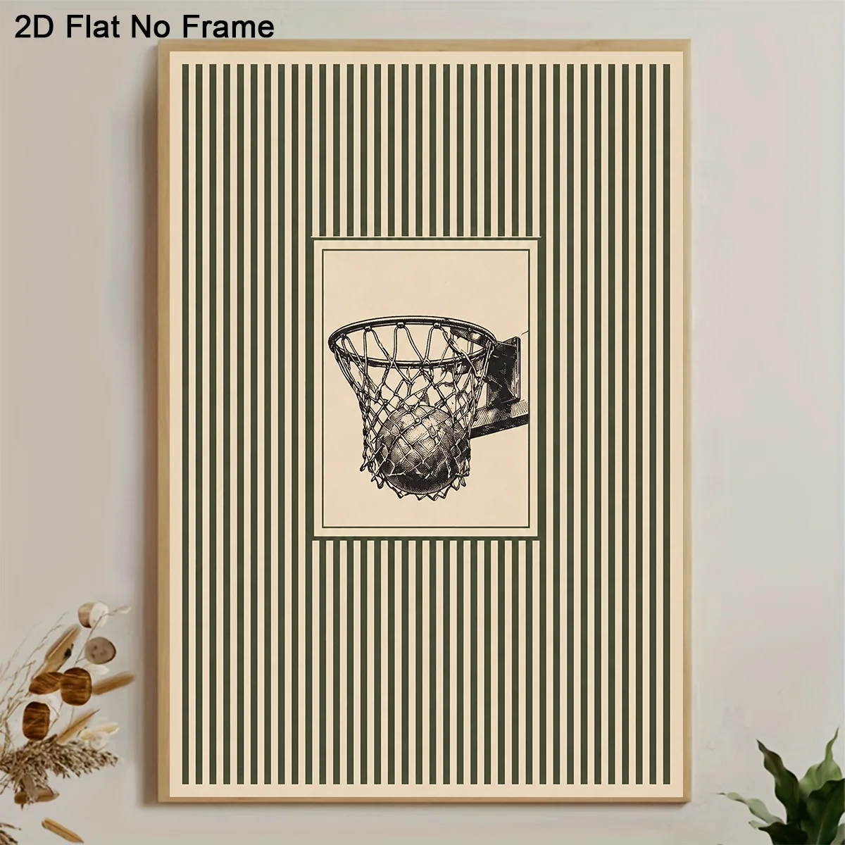 2D Flat, 2D Flat, 2D Flat 1pc Frameless Canvas Poster Minimalist Basketball Hoop And Ball Illustration with Vintage Striped B