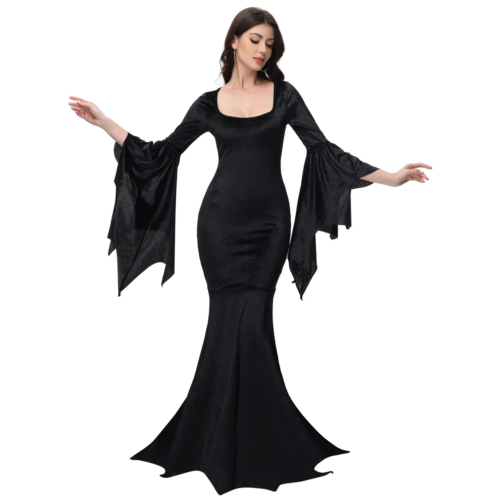 [أنت سري] فستان عائلي من Morticia Adams Primate باللون الأسود فستان ذيل السمكة القوطي بأكمام واسعة فستان ضيق