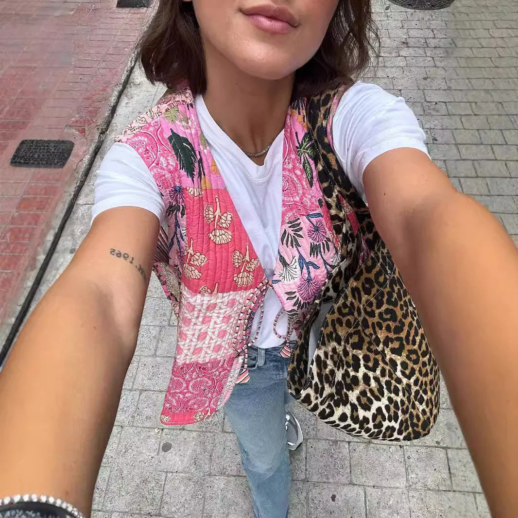 2025 Autumn Winter WomenRetro Print Jacket Vest Sleeveless V Neck Lace-up Cardigan Waistcoat Loose Female Streetwear Lady Tops