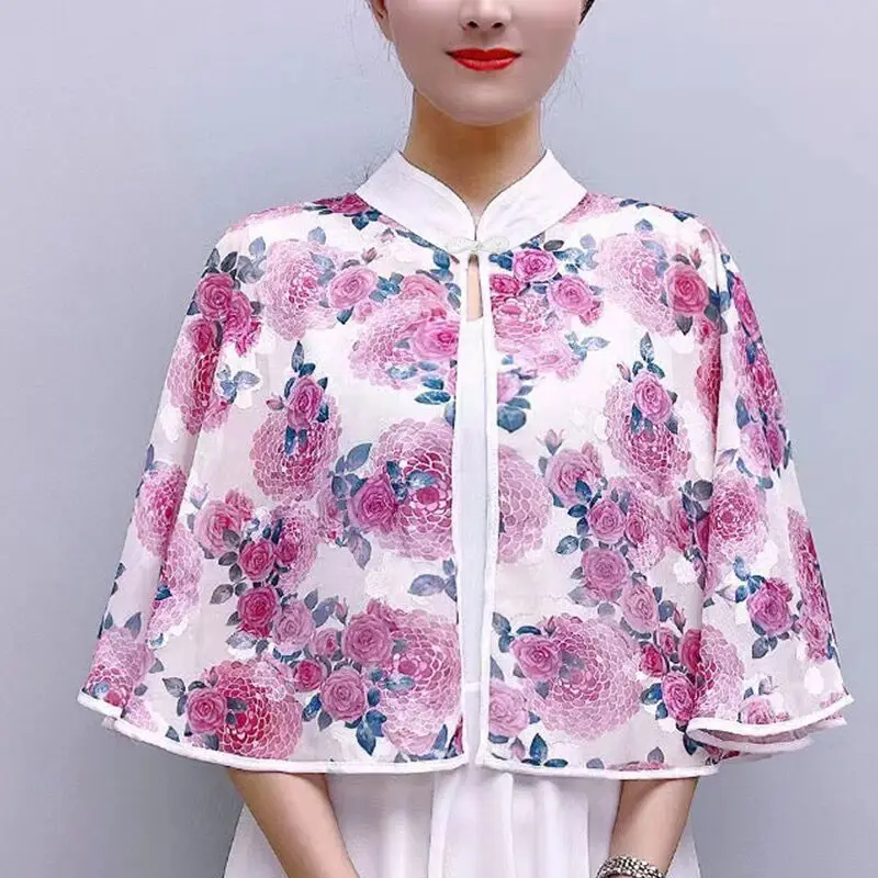 Chinese Style Summer Women's 2024 New Patchwork Stand Collar Button Printing Gauze Minimalist Casual Chiffon Capes Ponchos