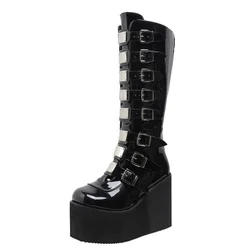 Marca de design feminino cunhas salto alto na altura do joelho botas de plataforma preta botas femininas 2022 gótico sapatos cosplay botas femininas