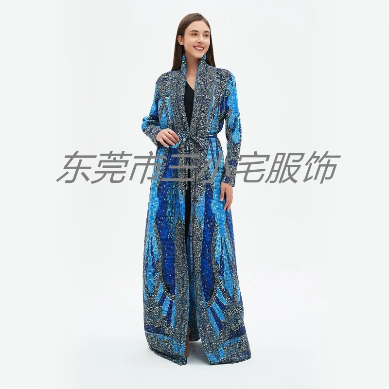 KAF Pleated Vintage Printed Women Plus Size Trench 2024 Fall New Lapel Long Sleeve Cardigan Design Arabian Female Luxury Robe