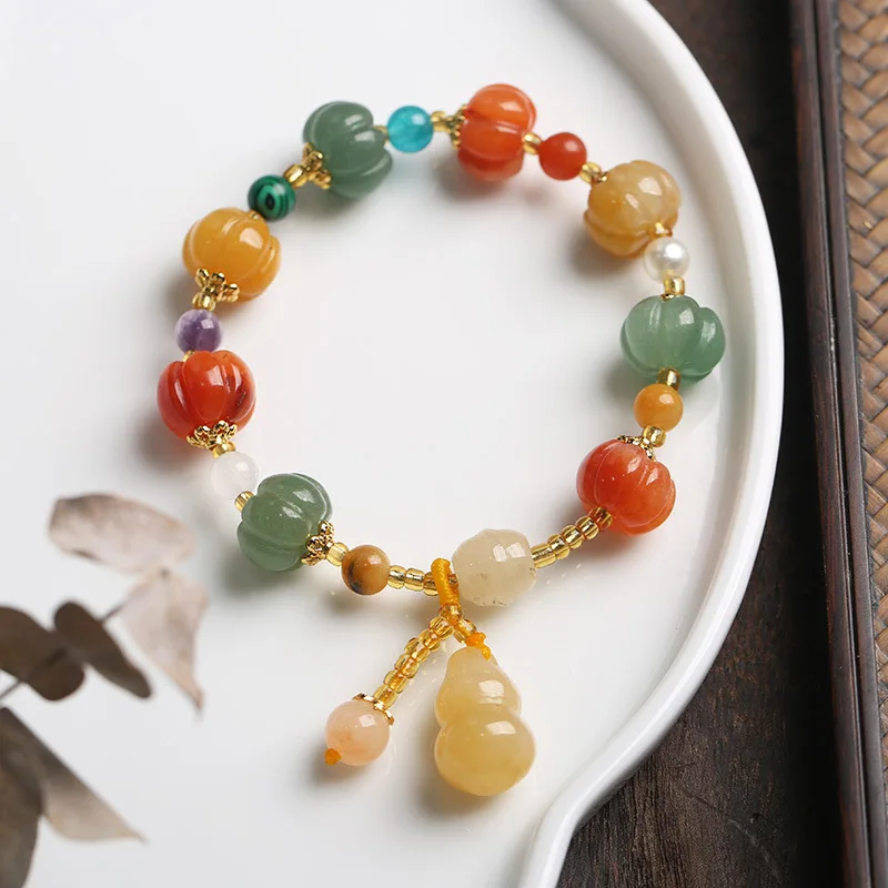 Ruifan New Natural Gold Jade Pumpkin Beads Beaded Bracelets for Women Lady Gourd Pendant Bracelet female Fine Jewelry YBR595