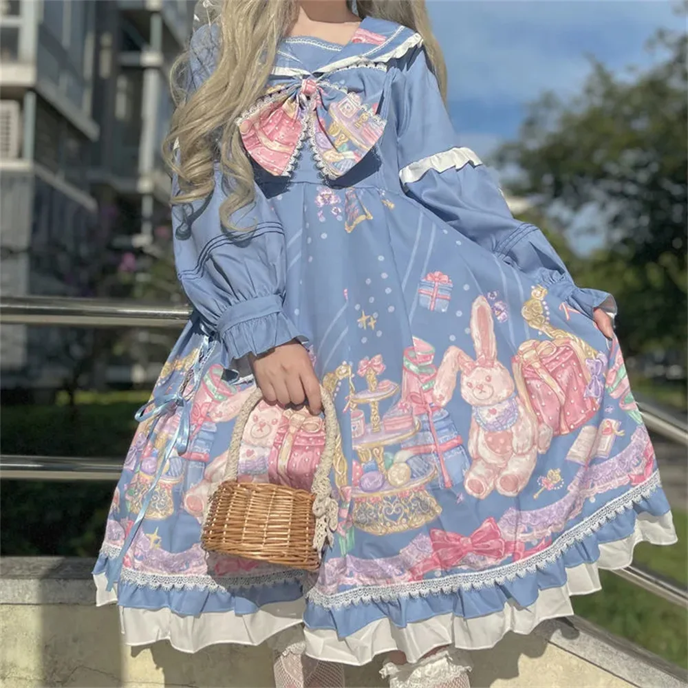 Spotkanie przy herbacie dziewczyny japoński słodki Bowknot drukowanie sukienka Lolita Kawaii kobieta kołnierz piotruś Pan bufiaste rękawy Cosplay Lolita Op