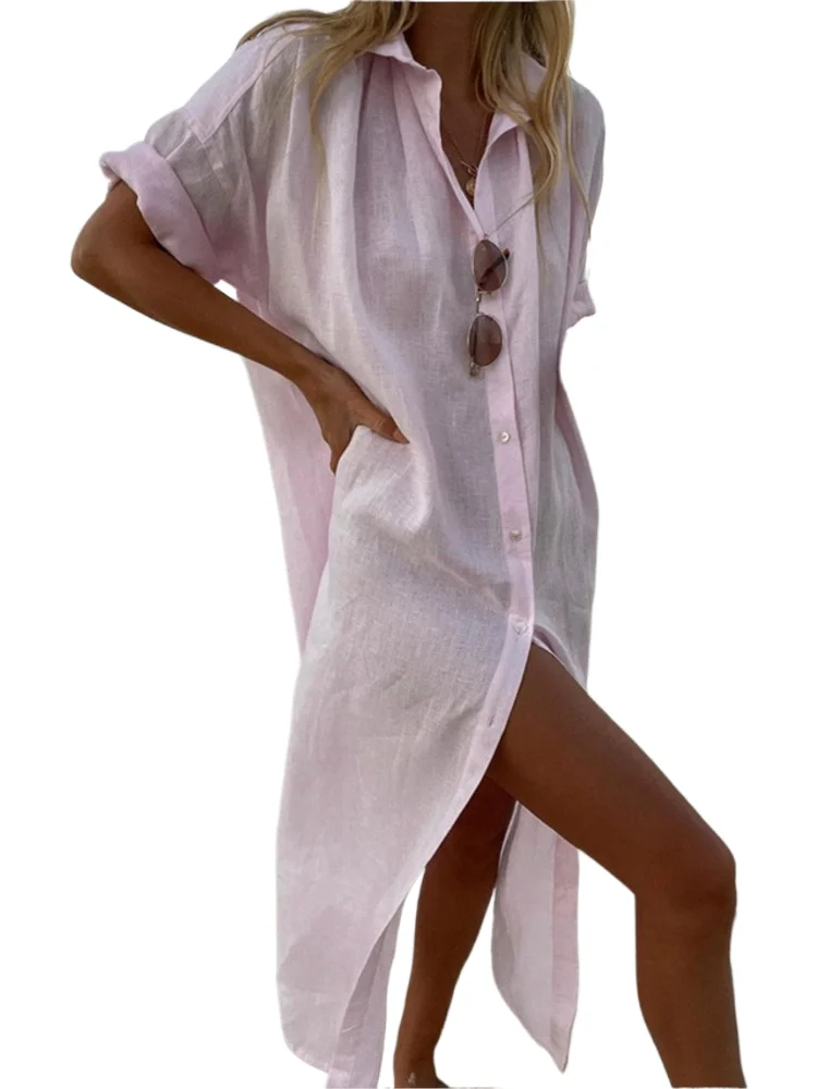 

Casual Simple Solid Color Shirts Dresses Women Fashion Short Sleeves Loose Slit Long Dress Female Spring Summer New Vestidos