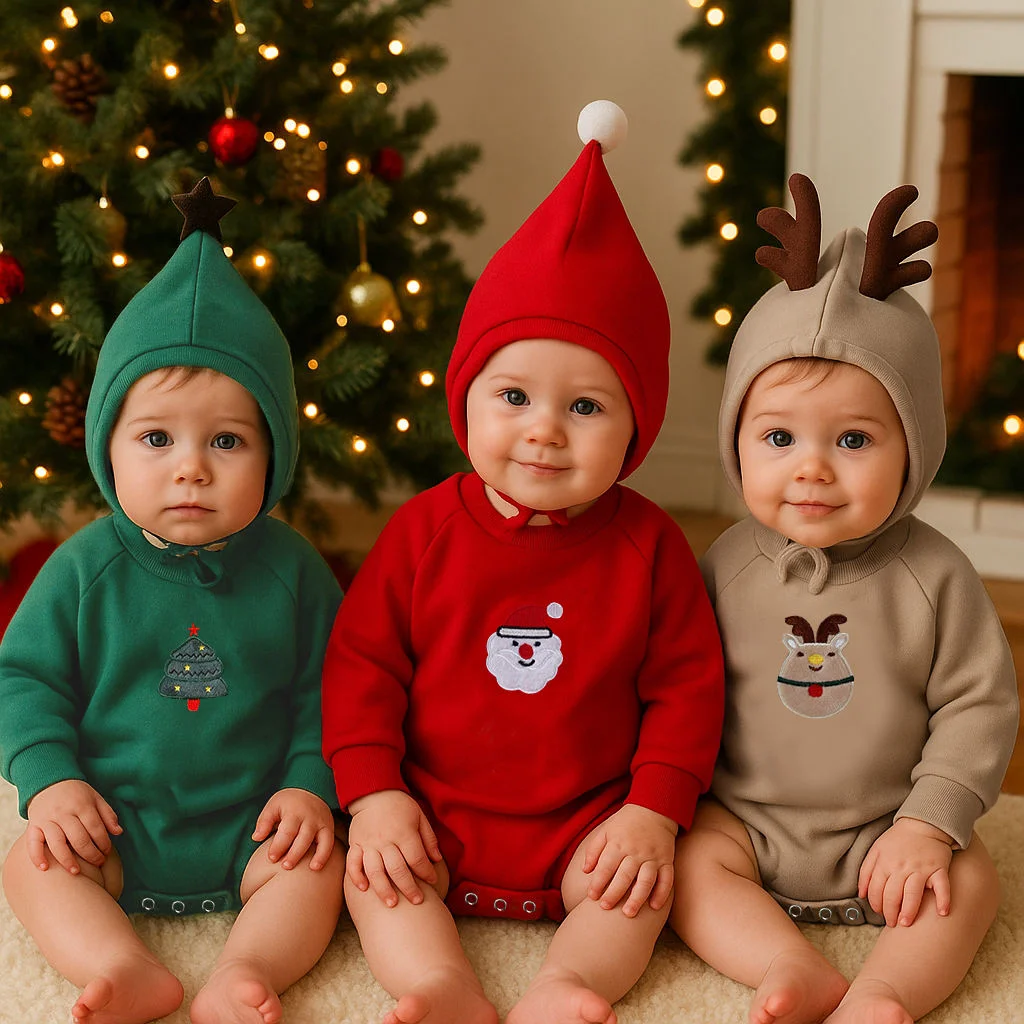 

0-24M Christmas Baby Rompers Sets Infant Embroidery Cartoon Thicken Fleece Jumpsuit with Hat Long Sleeve Onesie Newborn Clothes