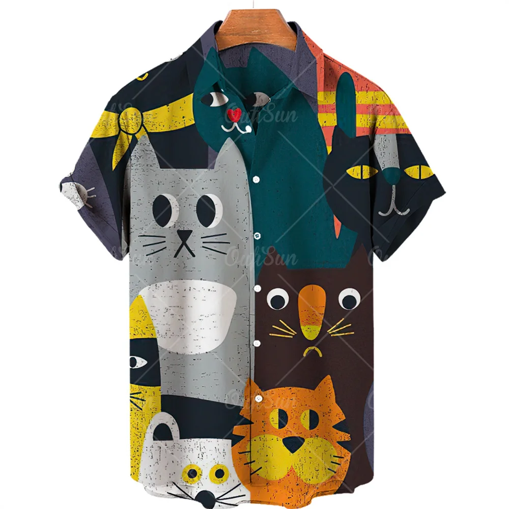 Cat Pattern Oversized Men\'s Hawaiian Dazn Shirts Floral Masculina Medusa Camisa Social For Cartoon Graffiti Print Clothing New