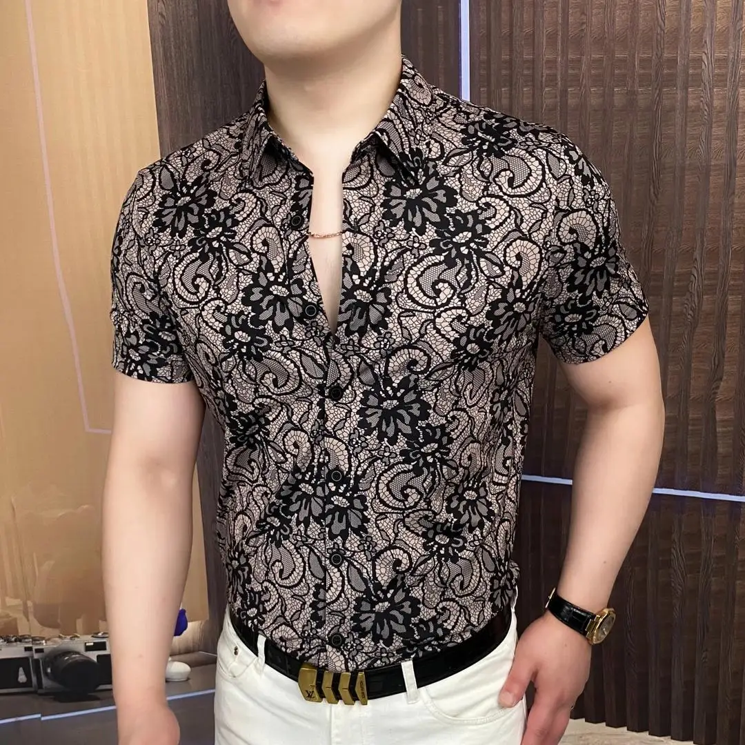 

Polka Dot Walnut Flower Men's irt Casual Summer Slim Fit Faionable Busin Casual Versatile Trendy Nine Sve Length