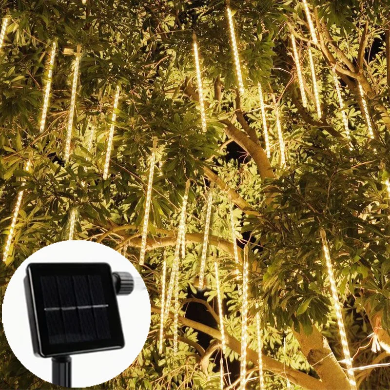 Solar Meteor Shower String Lights, Holiday Lights, Iluminação exterior, Natal, Casamento, Jardim, Decoração de árvore, 8 tubos, 30cm, 50cm