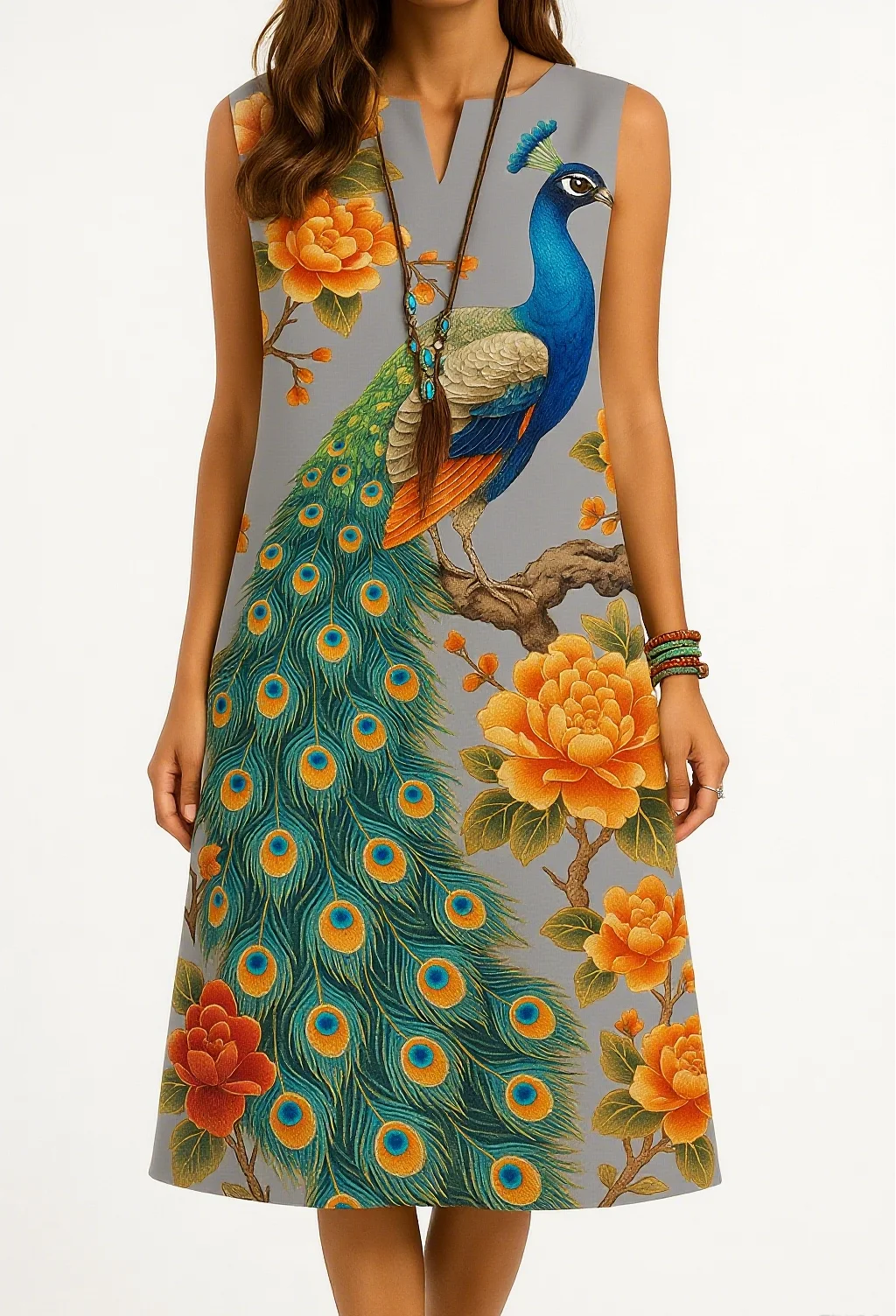 Kurt women's fashionable and elegant long sleeved straight tube casual V-neck peacock pattern luxurious new dress2026