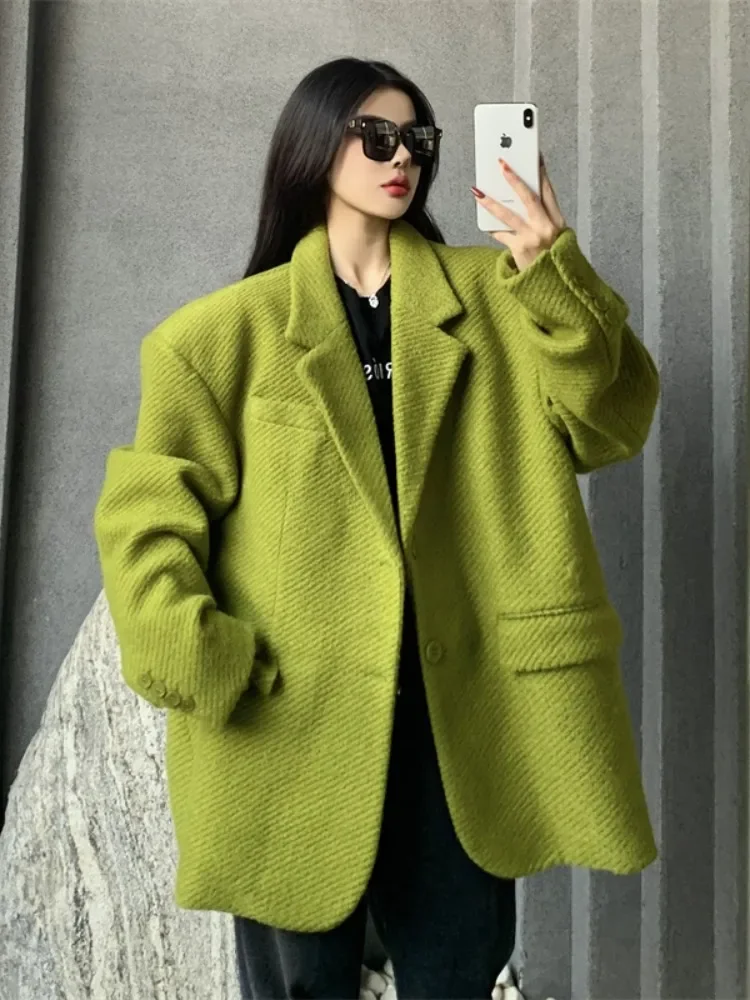 Insozkdg giacche da donna in lana verde senape 2024 nuovo autunno inverno senso di fascia alta allentato cappotto Casual di media lunghezza