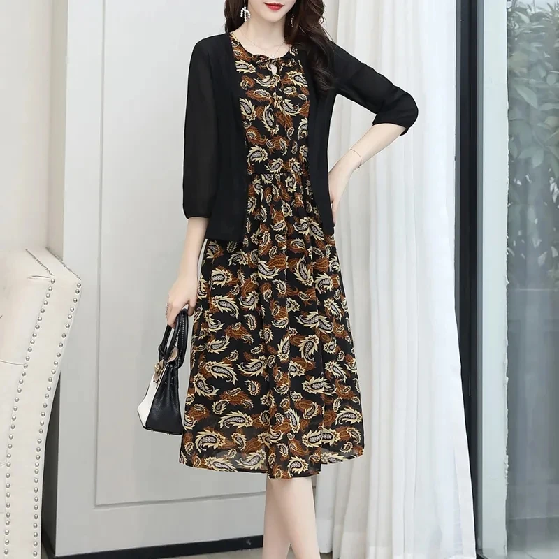 Fashion Summer Dress Chiffon Two-Piece Suits Floral Dresses For Women 2023 Half Sleeve Sunscreen Cardigan+Dress Female Elegant