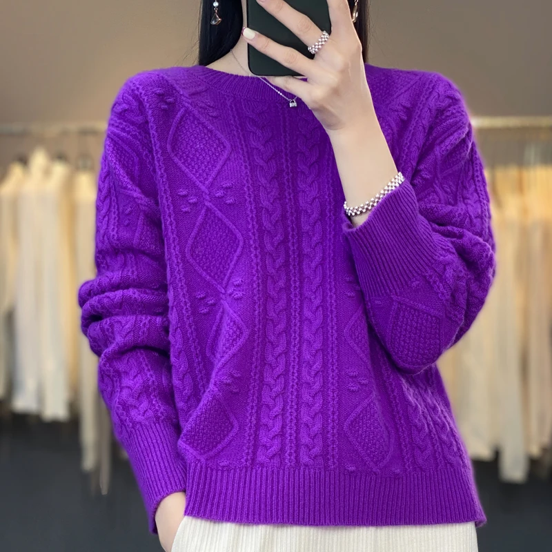 Women's Heavy Cashmere Sweater, Round Neck, Twisted Flowers, Thick Loose Knitting, Bottoming Sweater, Fashionable