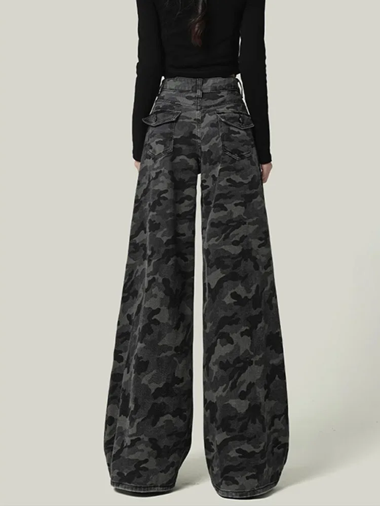 بنطلون جينز نسائي واسع الساق بنمط التمويه الأمريكي الرجعي، خصر عالي وفضفاض مستقيم للخريف والشتاء، بنطلون عمل