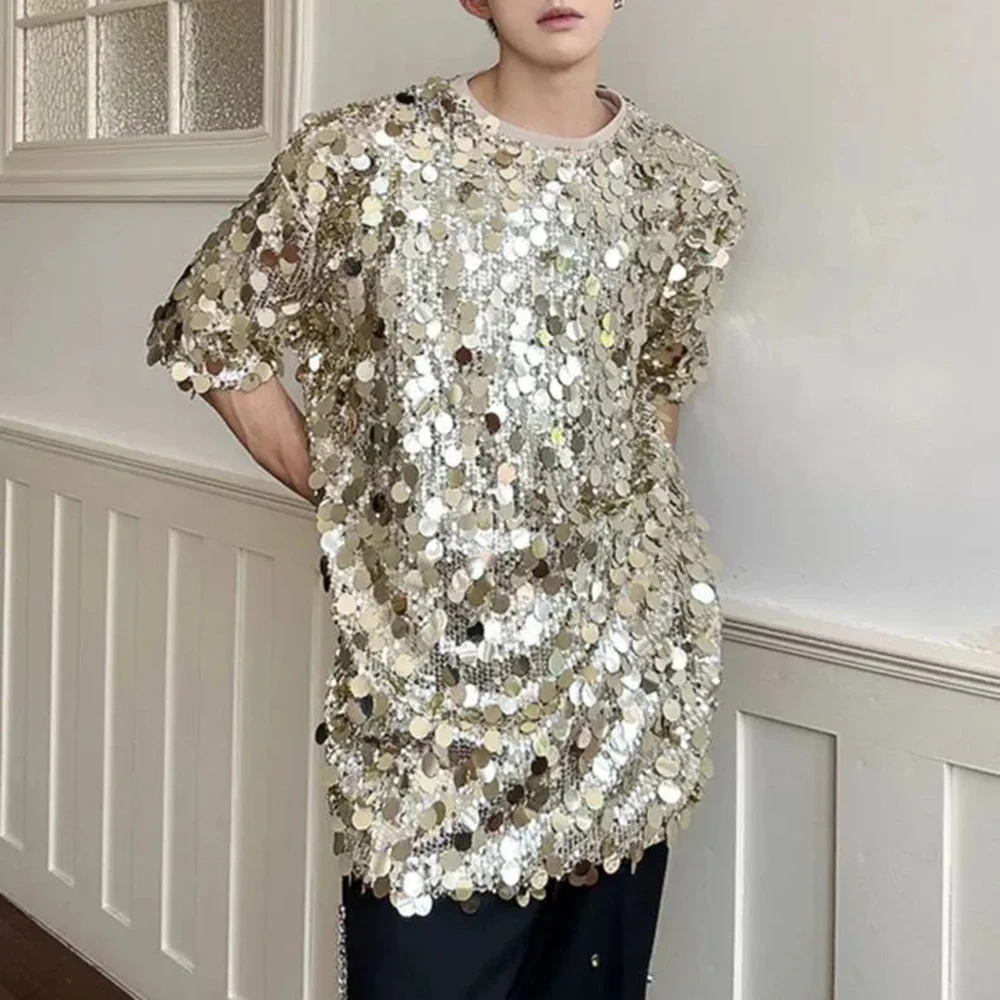 

Mens T-Shirt Sequin Ballroom T-Shirt Summer Nightclub Stage Performance Trend Niche Short-Sleeved Top Men'S Clothing 2025 New
