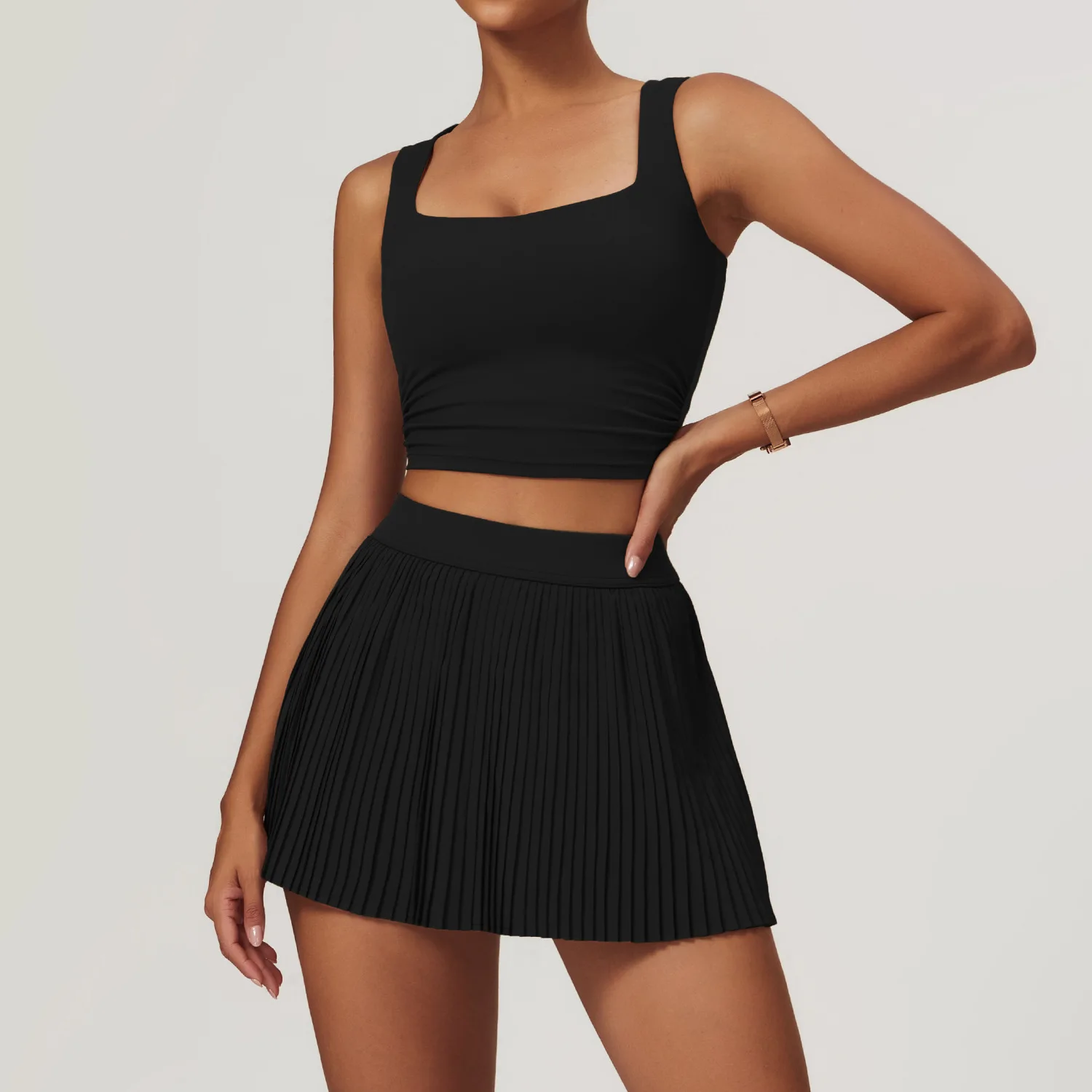 Women 2-Piece Yoga Tennis Skirt Set Gym Outdoor Bra Crop Top High Waist Fitness Skirt Suit Women\'s Golf Dance Badminton Sport