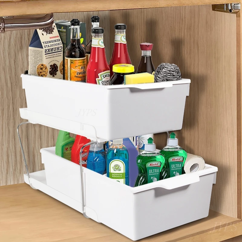 Kitchen Storage Rack Under Sink Drawer Storage Rack 2 Tier Pull out Organizer Multi-purpose Shelf Cabinet Kitchen Acceesories