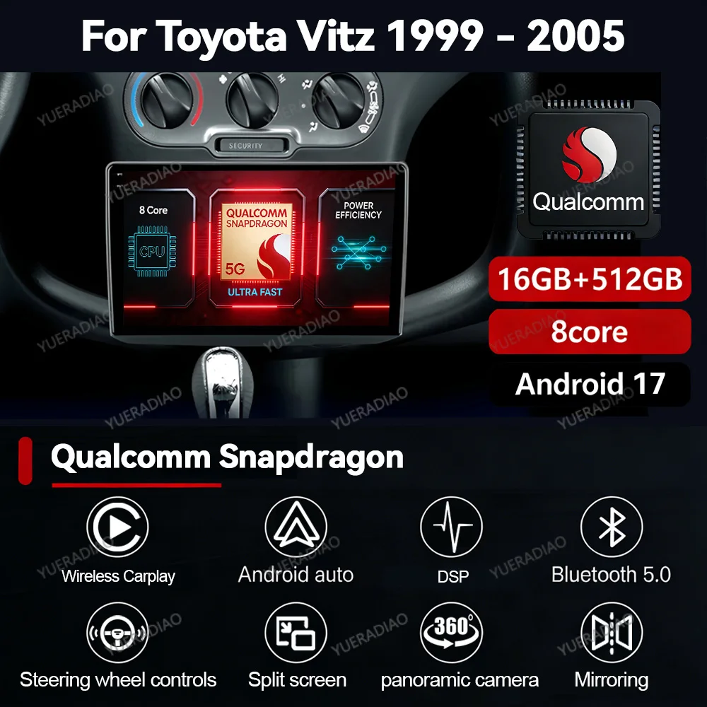 Radio para Auto Android 17 para Toyota Vitz Yaris Echo 1999-2005, Qualcomm QLED GPS NAVI 2DIN, Unidad Principal Multimedia, Reproductor de Video Estéreo