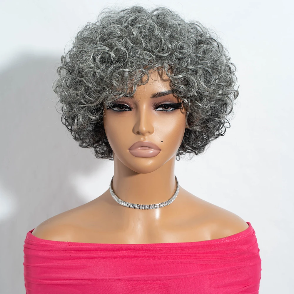 Wavy Pixie Cut Wigs 100% Human Hair Whole Full  Machine Made Gray And Black Highlight Wig With Bangs Brazilian Remy Waves