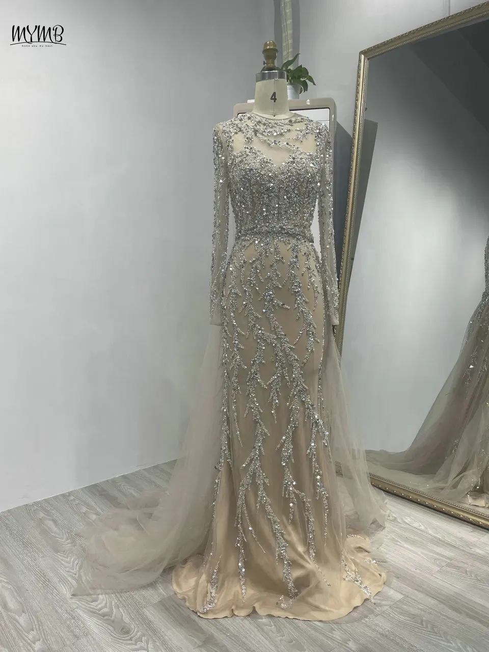 MYMB Champagne Elegant Scoop Neck Mermaid Formal Occasion Dresses Muslim Stunning Beaded Long Sleeve Tulle Evening Gown DDS067-2