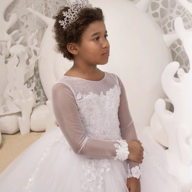 White Flower Girl Dresses Tulle Puffy Tiered Appliques Long Sleeve For Wedding Birthday First Communion Gowns