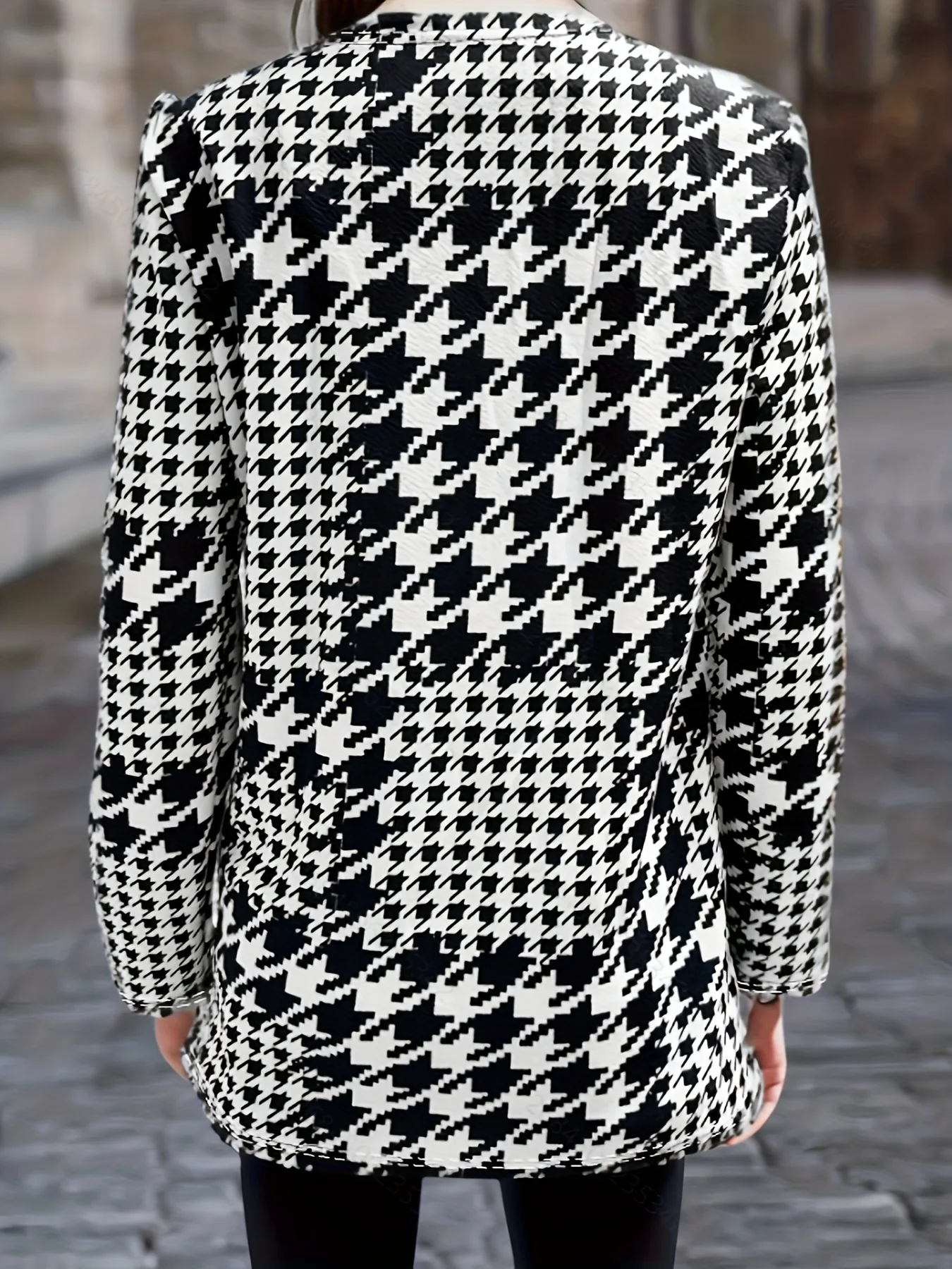 Houndstooth Printed Full Long Sleeve Outerwear Tos Women Casual O Neck Overcoats Ladies Basic Chic Long Coats