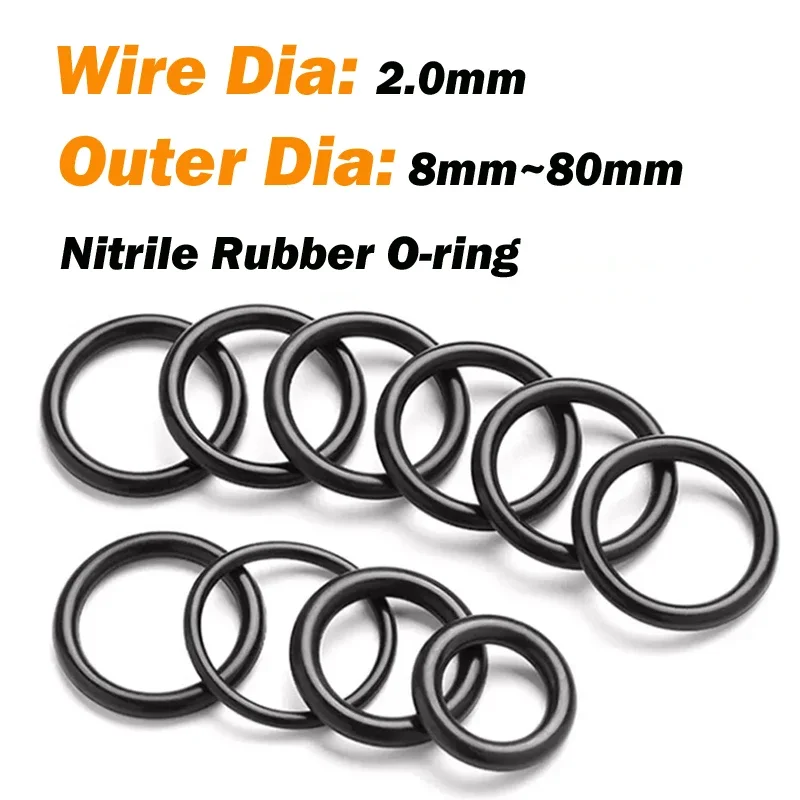 Gaskets Outer Dia 8/9/10/11/12/13~80mm Wire Dia 2.0mm Cross Section Black Nitrile Rubber NBR O-ring Seal Gasket Oil Sealing Ring