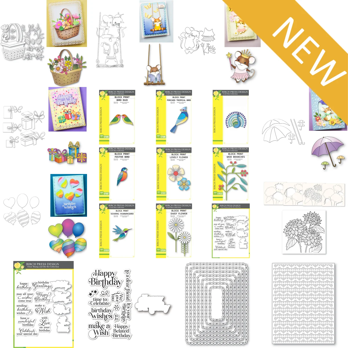 

Umbrella Birthday Trio Mouse Flower Basket Bird Metal Cutting Dies Clear Stamps Stencil for DIY Decorating Scrapbook Card 2026