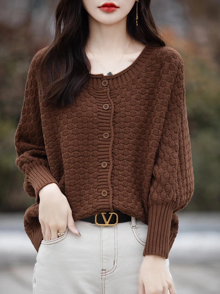 2024 Spring/Autumn New Women's Clothing 100% Cotton Knit Cardigan Sweater O-Neck Bat Sleeve Top Korean Fashion Loose Large Coat