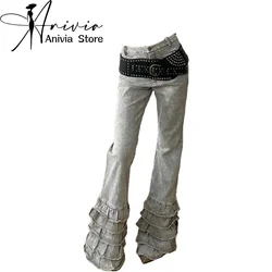 Women's Retro Baggy Jeans Washed Y2K American Harajuku Aesthetic 2000s Style High Street Lace Flared Pants Jeans Clothing 2024