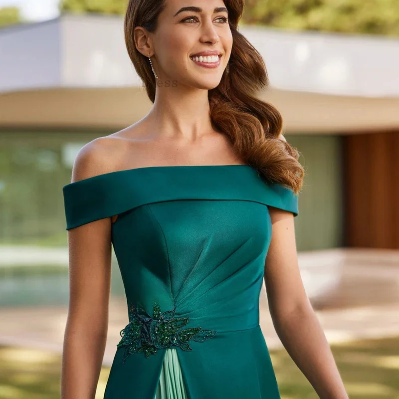 Simple Off Shoulder Mother of the Bride Dresses Boat Neck Mermaid Wedding Party Gowns Appliques Pleat Floor Length فساتين السهرة