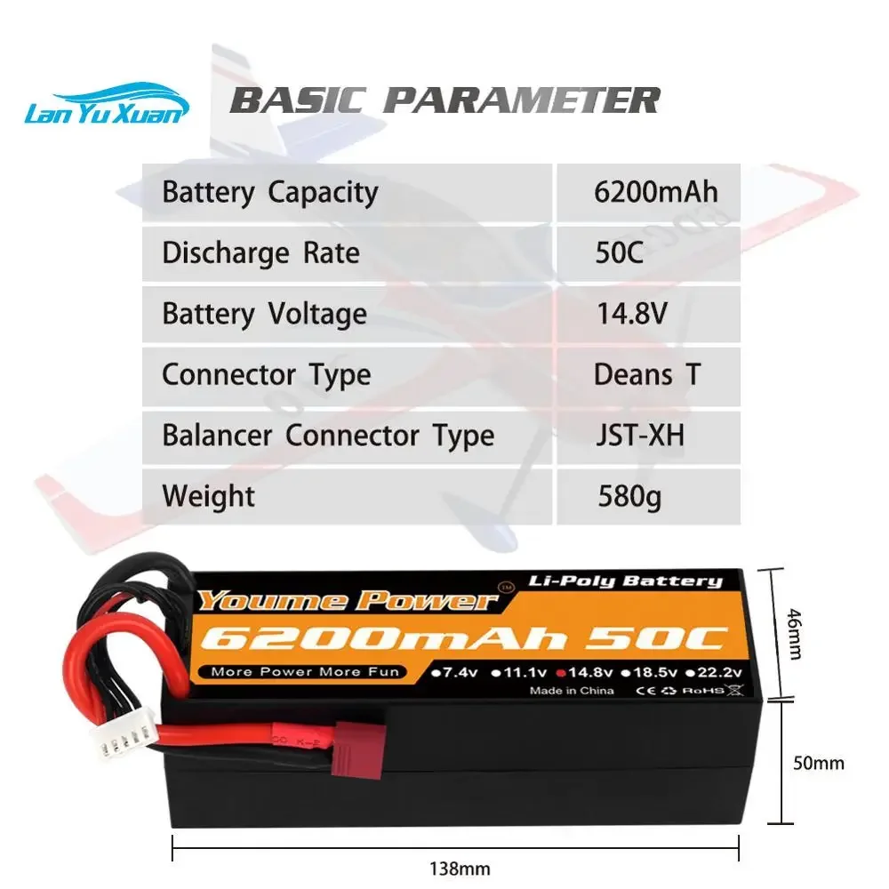 4S Lipo Battery 14.8V 6200mah Hard Case 50C T EC3 XT60 XT90 Deans for Buggy Monster Crawler 1/8 Car Truck RC Parts