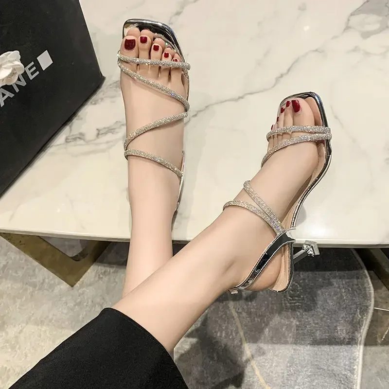 Sandals for Woman Buckles Women\'s Shoes Rhinestones Footwear One Word Stiletto Thin Heels Summer 2024 Shoe H Vip Anti Slip Hot F