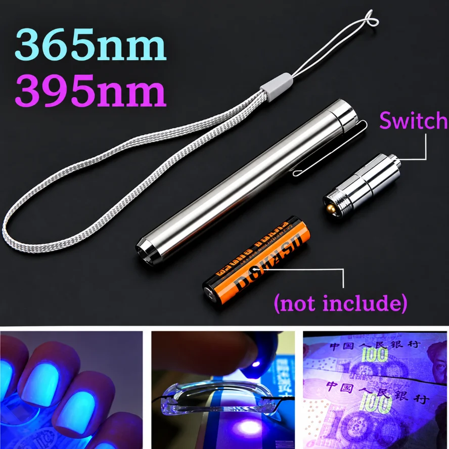 Stainless Steel UV Pen Light 365nm 395nm Portable Ultraviolet Detection Lamp AAA Battery Powered for Money Counterfeit Detection