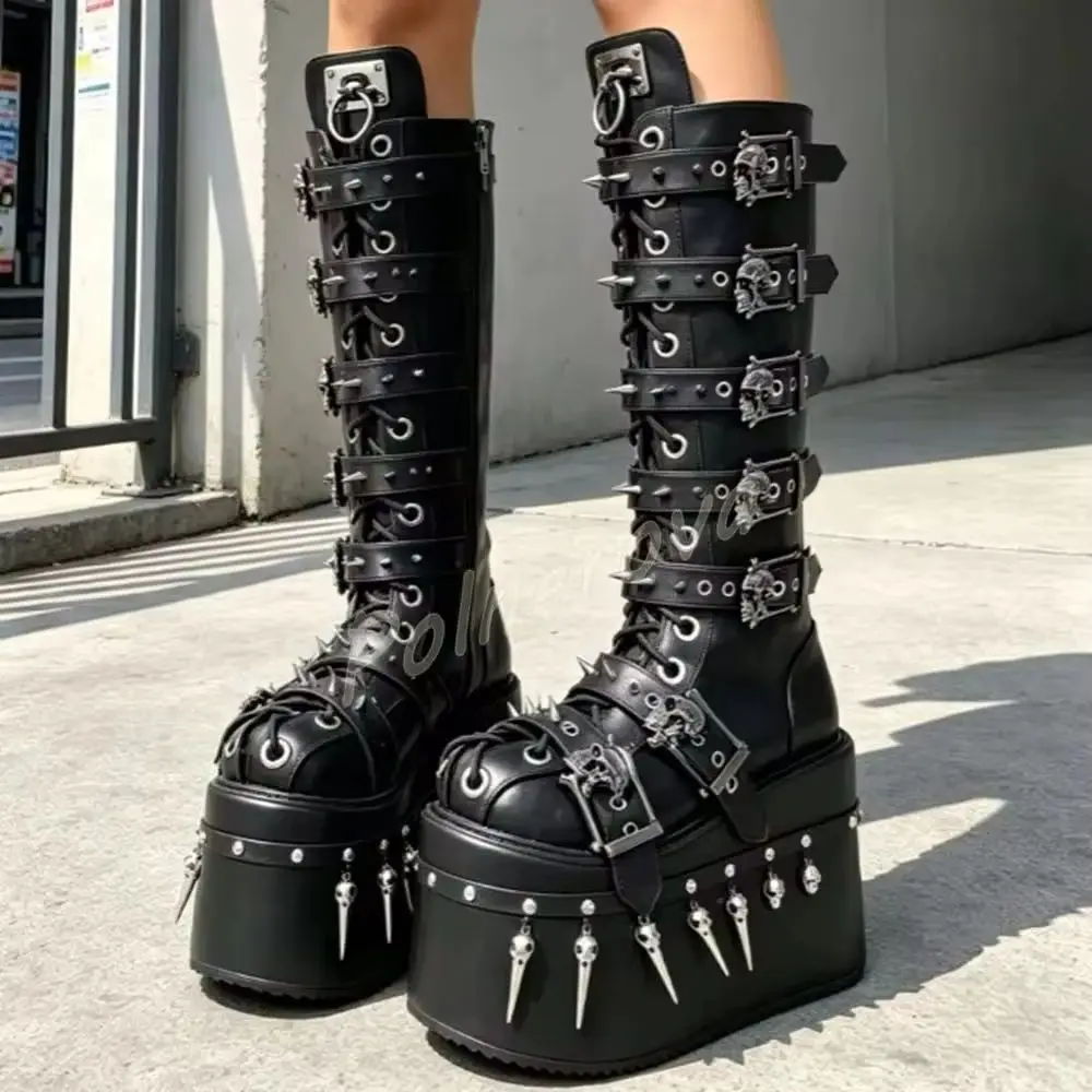 Skull Rivet Spikes Gothic Women Boots Multi Buckle Strap Lace Up Side Zipper Knee High Platform Boots Punk Shallow Women Shoes