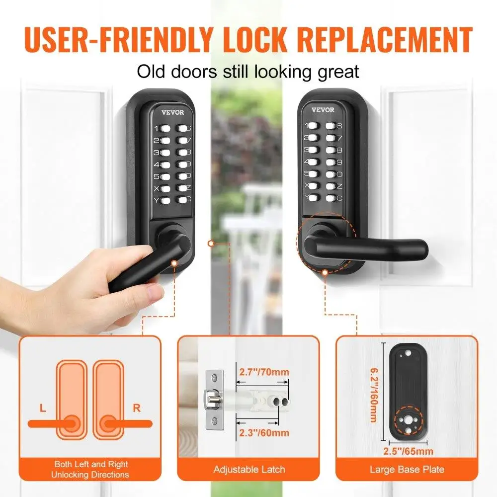 Mechanical Keyless Entry Door Lock Outdoor Use 14 Digit Keypad Waterproof Design Zinc Alloy Construction Easy Installation for