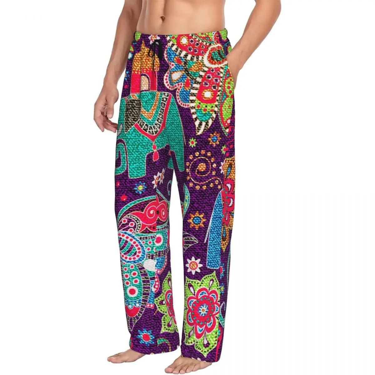 Custom Printed Men's Pajama Pants Jeans Floral Indian Elephants Sleepwear Sleep Lounge Bottoms with Pockets