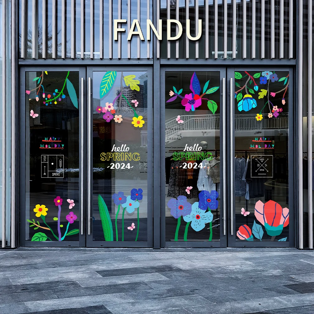 

QiAds custom spring theme glass film flowers in full bloom spring color shopping mall clothing store atmosphere door cover large