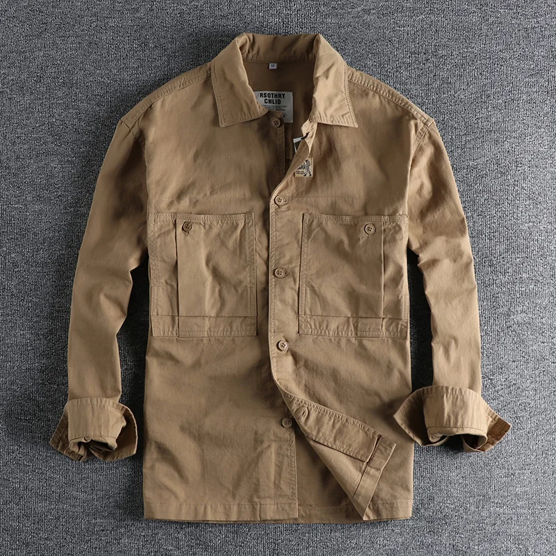 American styles Men Pure Color Shirt jacket Retro Cargo Loose Versatile Coats Washed Cotton Button Down Thin Workwear Jackets