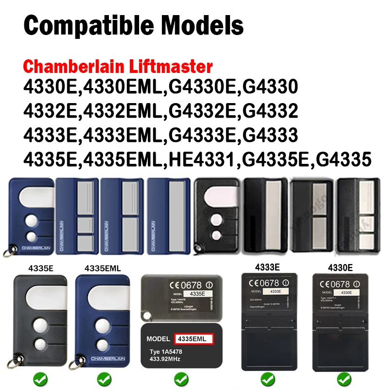 교체용 LiftMaster 4330E 4333E 4332E 4335E CHAMBERLAIN 4330EML 4332EML 4333EML 4335EML 전동 게이트 리모컨 433MHz