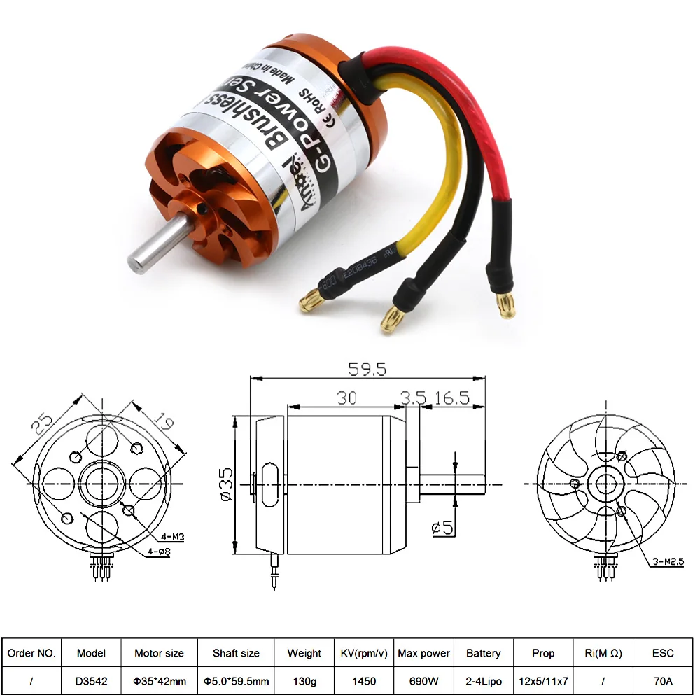 D3542 1450KV 1250KV 1000KV Brushless Multicopter Outrunner Motor For Mini Multicopters RC Plane Helicopter