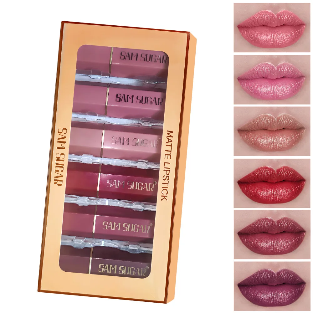 6 ชิ้น Matte Shiny Diamond ลิปสติกชุด Long Lasting Non Sticky Moisturizing Velvet Lip แต่งหน้าชุดเซ็กซี่สีแดง