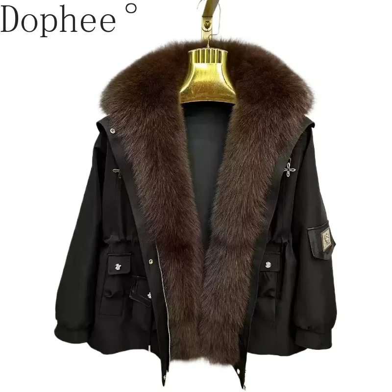 New Fashion Lady Winter Parkas Elegant Fox Fur Overcoat Personalized Zip Removable Rex Rabbit Fur Liner Warm Jacket Women Coats