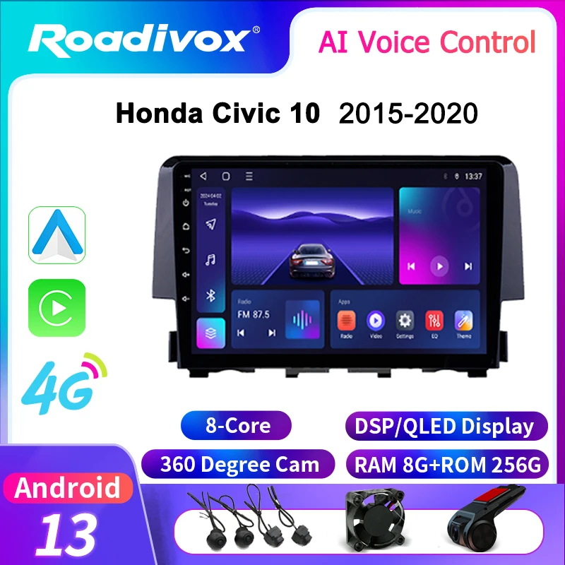 

roadivox Android car radio for Honda Civic 10 2015 2020 stereo GPS Navigation video Multimedia Player tape recorder carplay